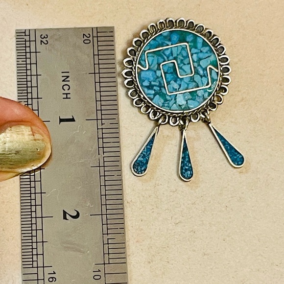 MEXICO 925 STERLING SILVER CRUSHED TURQUOISE INLAY BROOCH PIN PENDANT COMBO - Picture 2 of 7